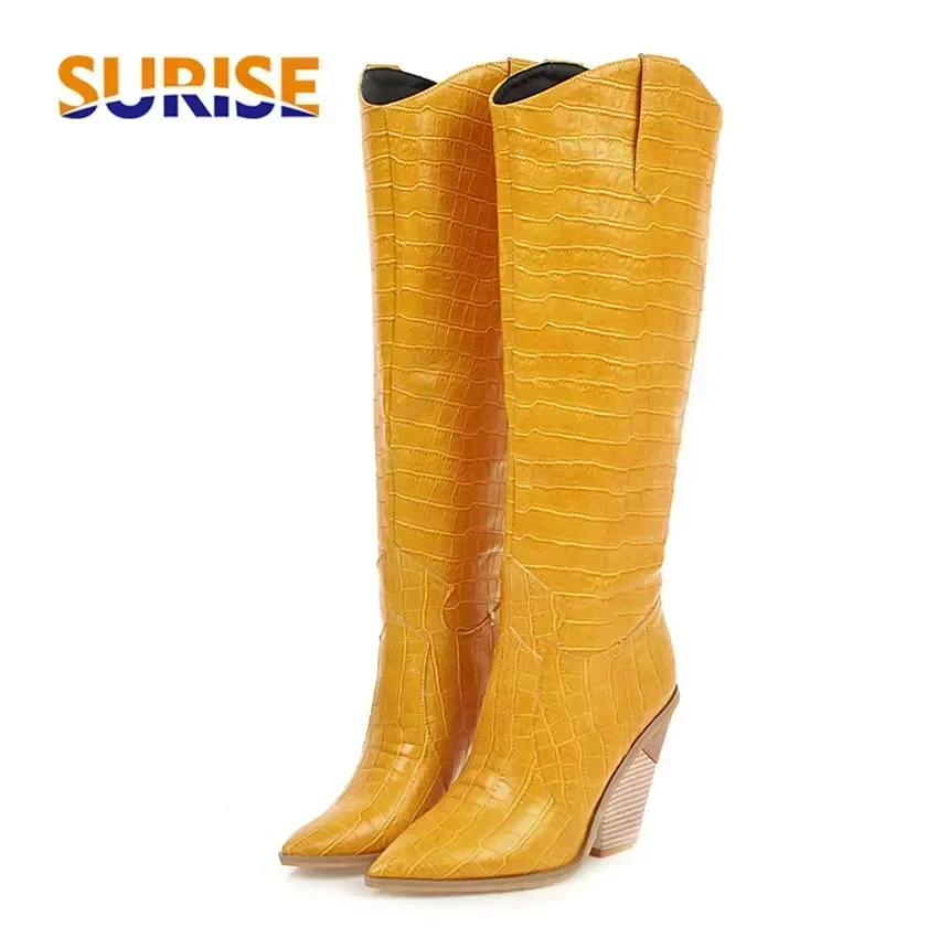 Winter Western Women Knee High Boots Black Yellow Black Crocodile Leather Pointed Toe Wedge Heels Lady Cowgirl Plush Long Boots