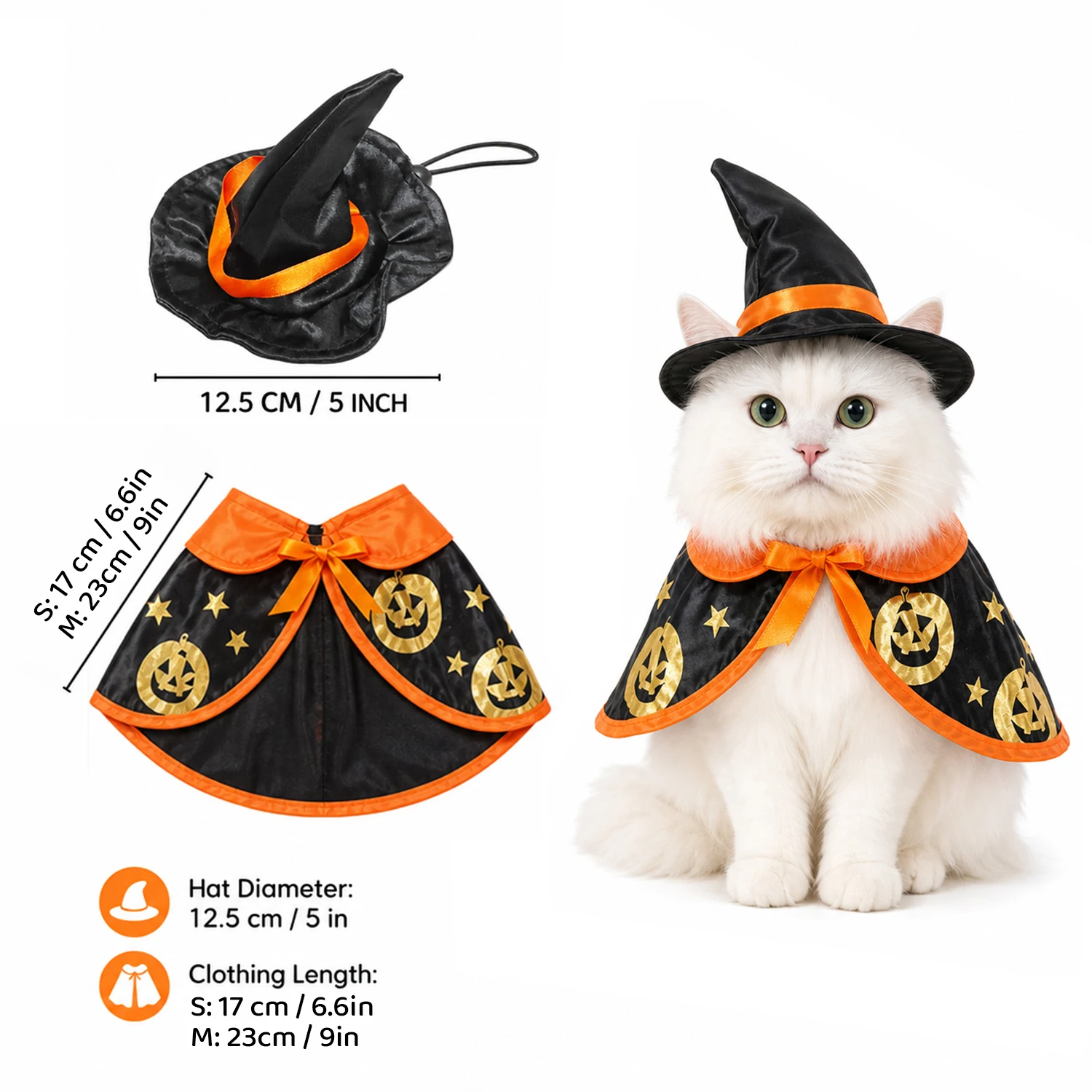 Halloween-Hexenkostüm für Katzen und kleine Hunde, schwarzer Umhang für Haustiere mit Hexenhut, goldener Kürbis-Stern-Print, verstellbarer Klettverschluss. – Detail 6