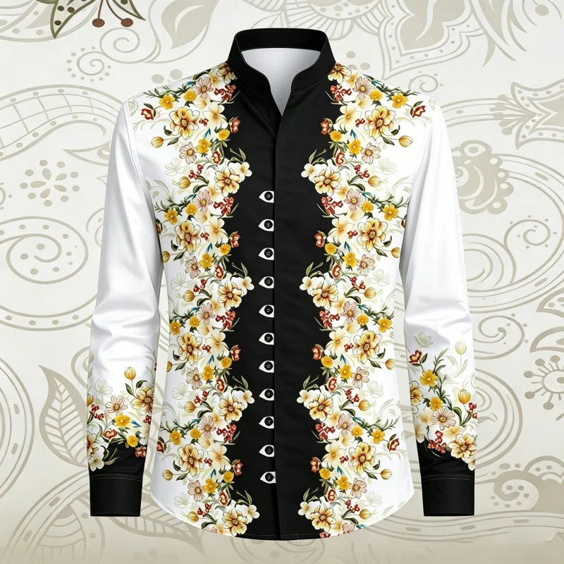 Men's Shirt With Retro Floral Print Stand Up Collar  Contrasting Color Splicing Long Sleeved Casual Trend men's Shirt XS-6XL