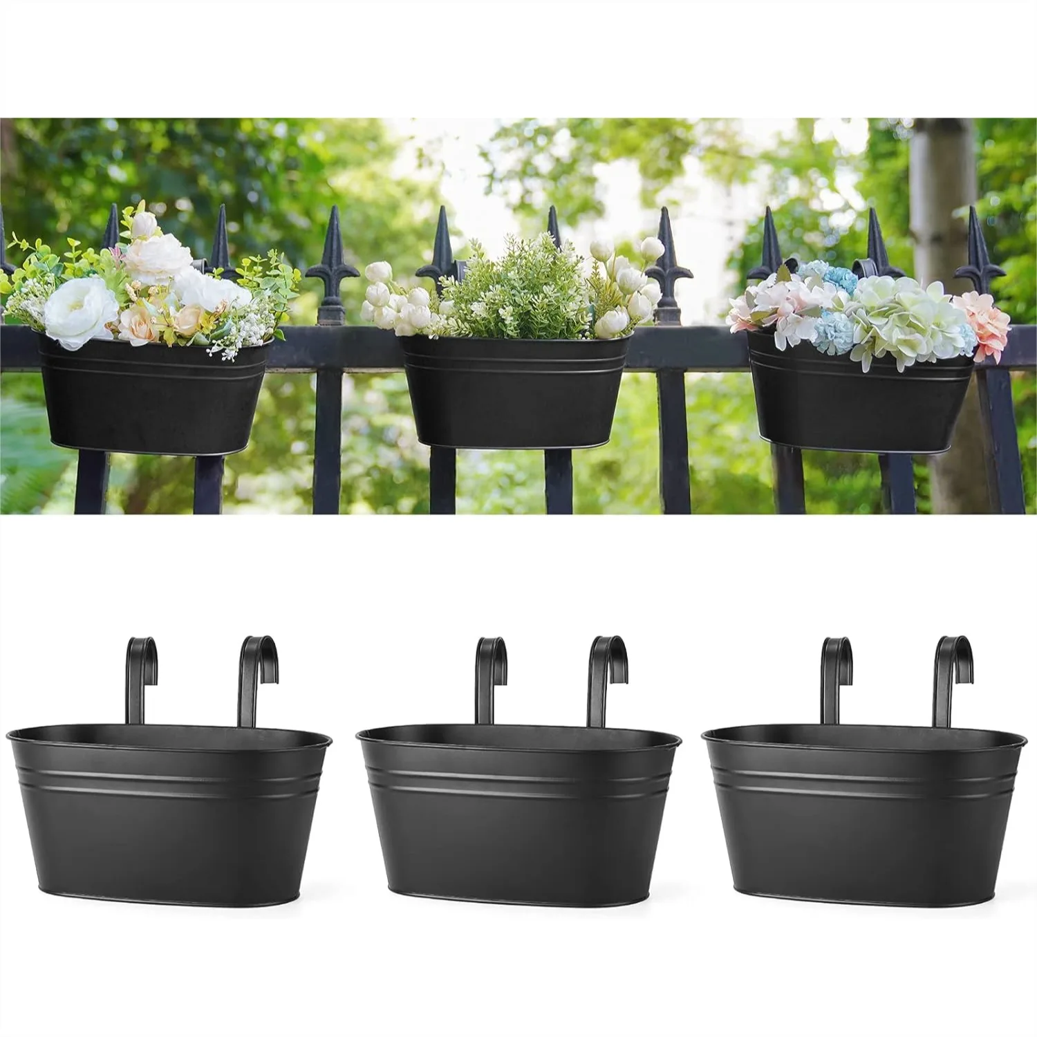 

10.5 Inch Metal Hanging Flower Pots for Railing Fence, Hanging Bucket Planter with Detachable Hooks, Countryside Style Window