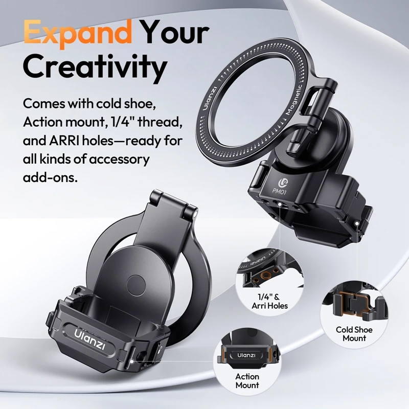 Ulanzi PMO1 Pocket 3 محول توسيع مغناطيسي مع حذاء بارد لـ DJI Pocket 3 حامل هاتف الكاميرا توسيع مدونة الفيديو المباشرة