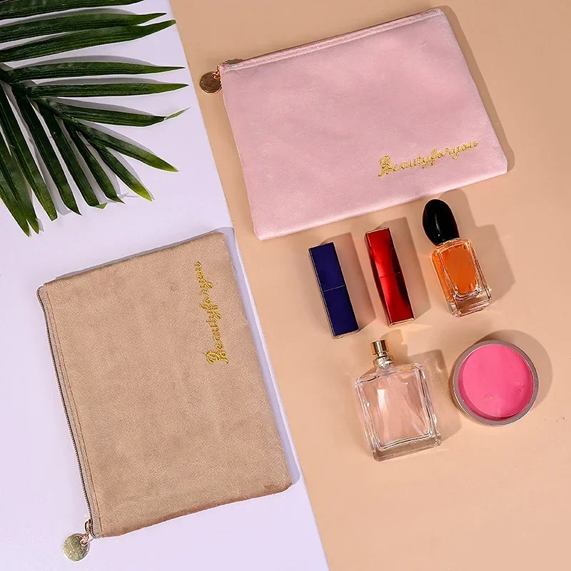 Bolsa de maquillaje de terciopelo con cremallera para mujer, bolsa de viaje pequeña para lápiz labial, bolsa de cosméticos para maquillaje de Color