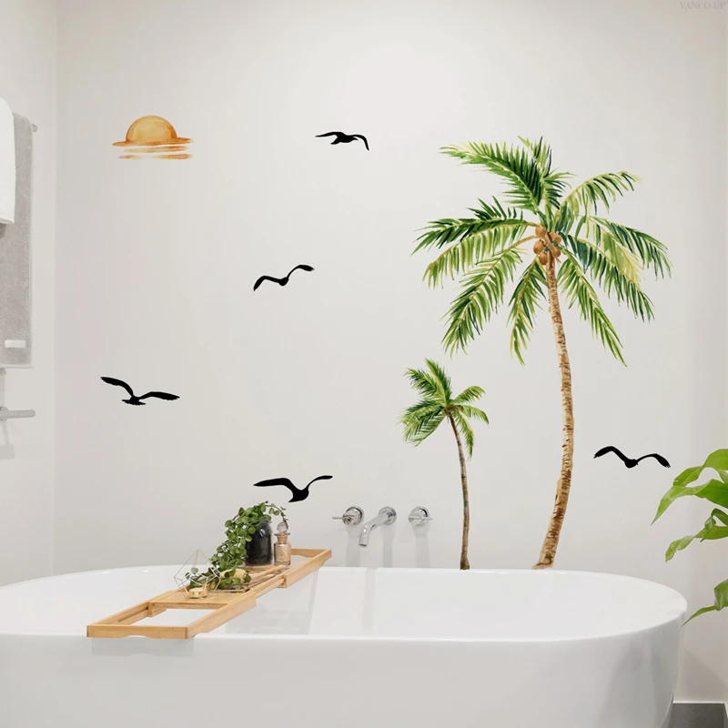 Creative Hand-drawn Tropical Coconut Tree Seagull Sunrise Vinyl Wall Stickers for Living Room Bedroom Bathroom Home Decoration