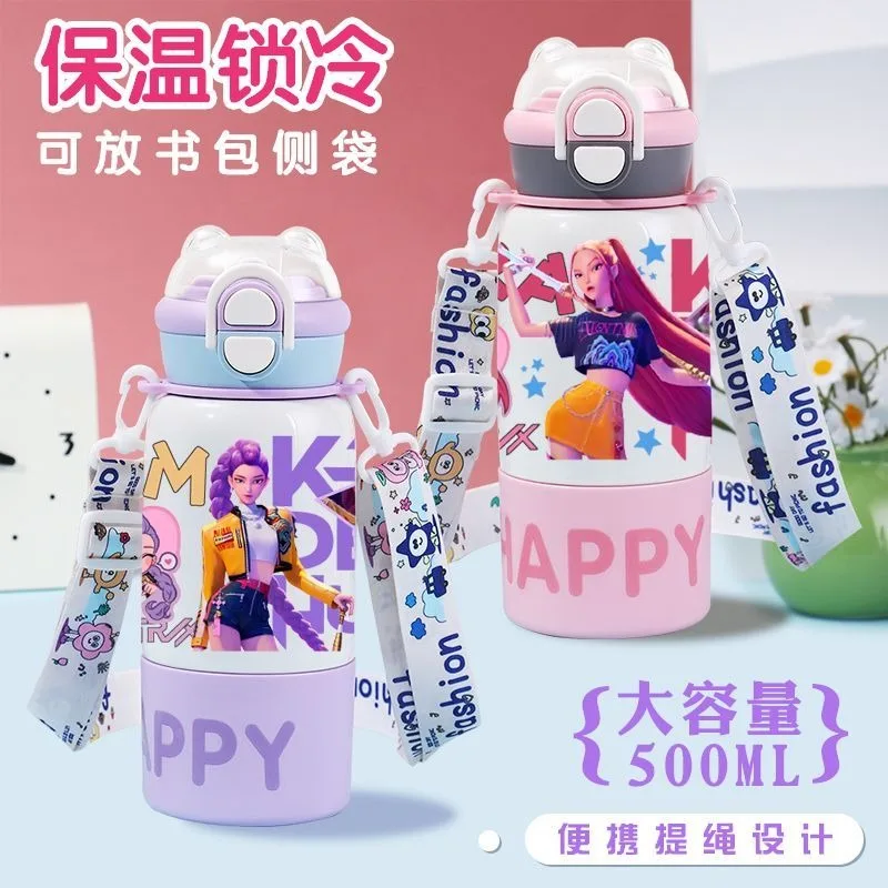 

Kpop Stainless Cup: Witch Hunter Straw Thermos with Handle, Dual Lid Cute Cartoon Bottle for Teens