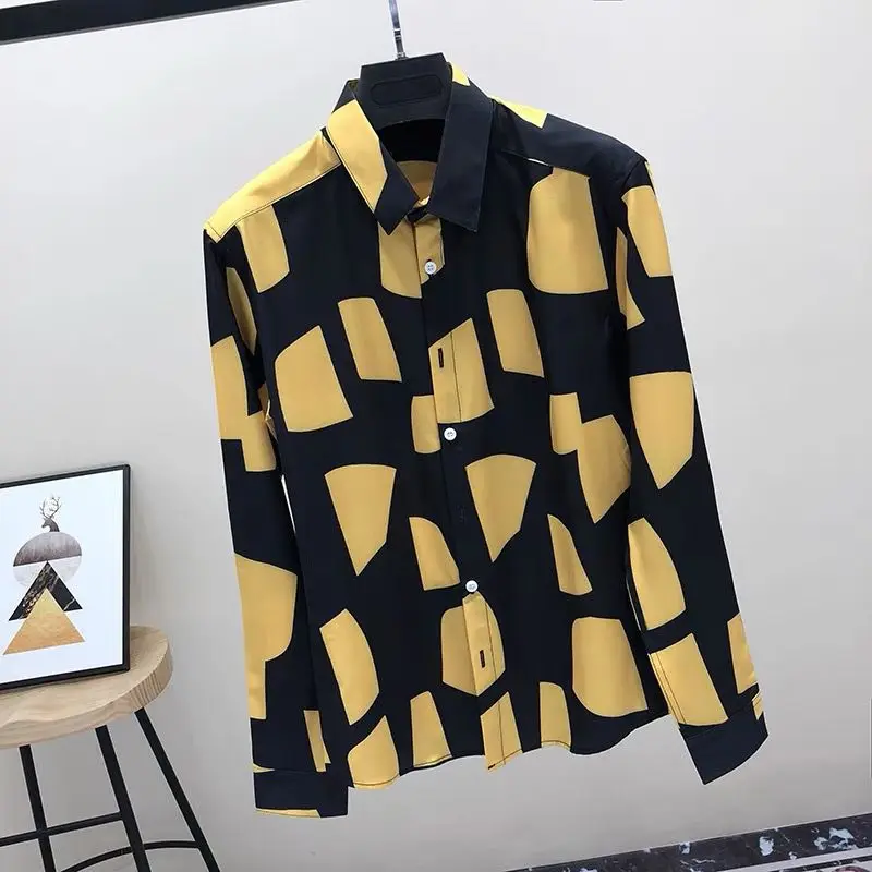 Frühling Herbst Neue Mode drehen-unten Kragen Langarm Druck Bluse männer Kleidung Casual Alle-spiel Trend taste Chic Shirts