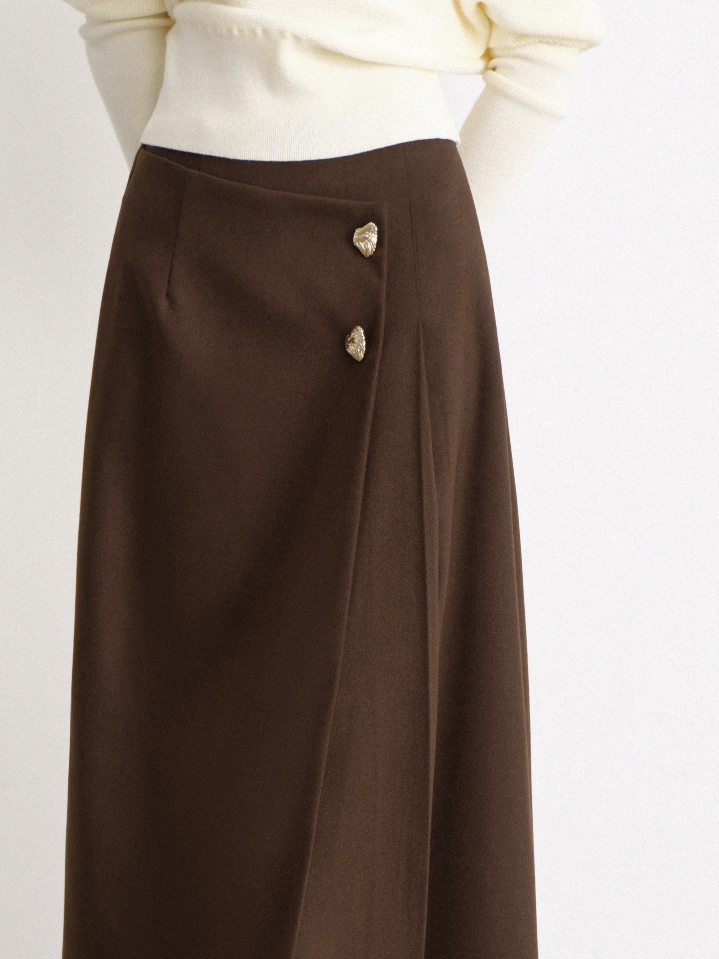 Chic Wool-Like A-Line Midi Skirt for Women Lady High-Waist Slim Fit Vintage Metal Button Skirt Elegant Autumn Winter Styling