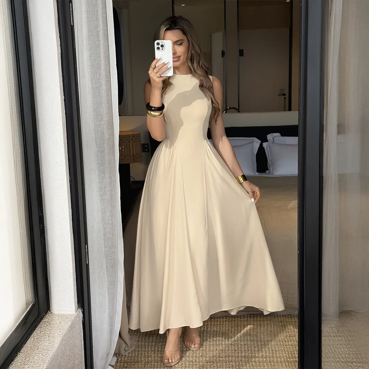 Elegant Round Neck Waist-cinching Solid Color Dress For Women, Spring/summer 2026 Birthday Dress Clothing Clothes Party Y2k、