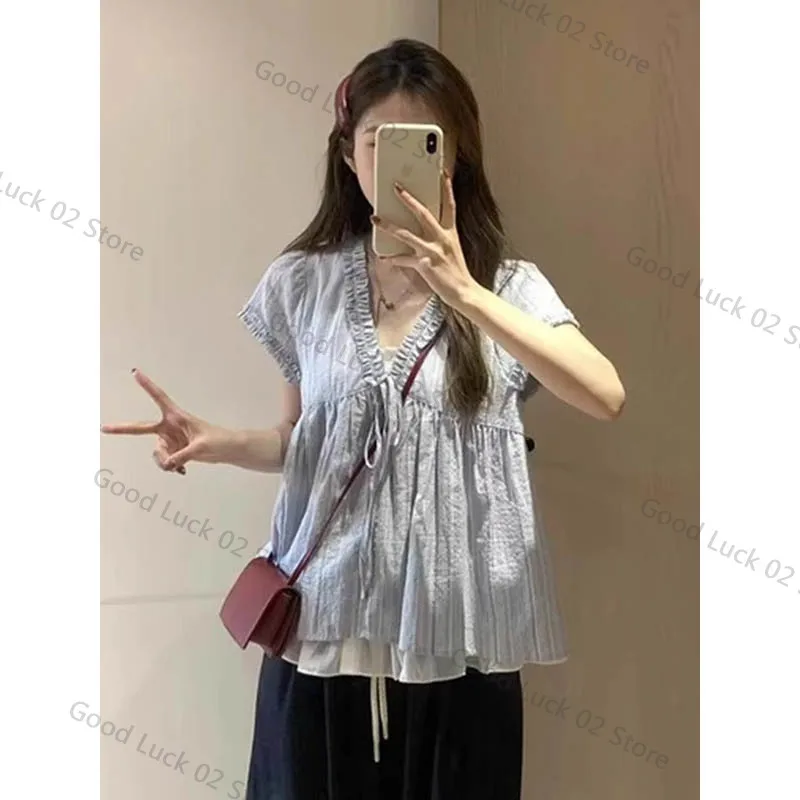 

2025 синий V-Ne Puff Sve с рюшами и подолом, женский облегающий топ с завязкой на талии, летний топ для девочек, корейский топ для поездок на работу