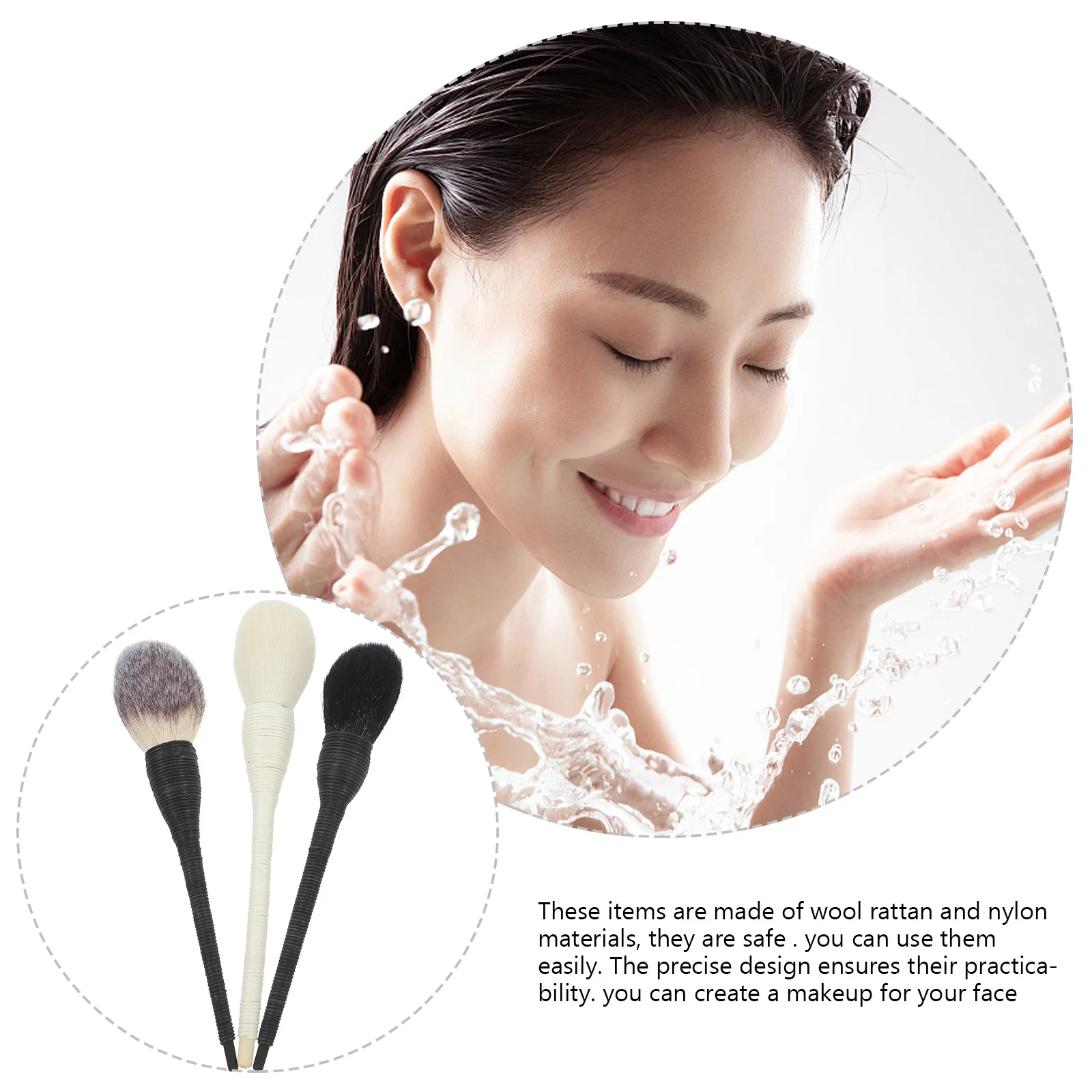 

3Pcs Rattan Handle Makeup Brush Set Soft Wool Bristle Powder Foundation Brush Gentle on Skin Easy to Hold Professional Beauty