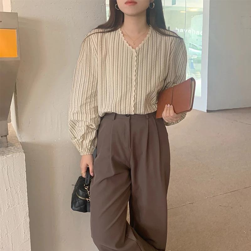 Женская ретро корейская Sle irt V-Ne Slim Fit в полоску с рюшами Sve Long Sve Свободная весенне-осенняя блузка Bubble Sve