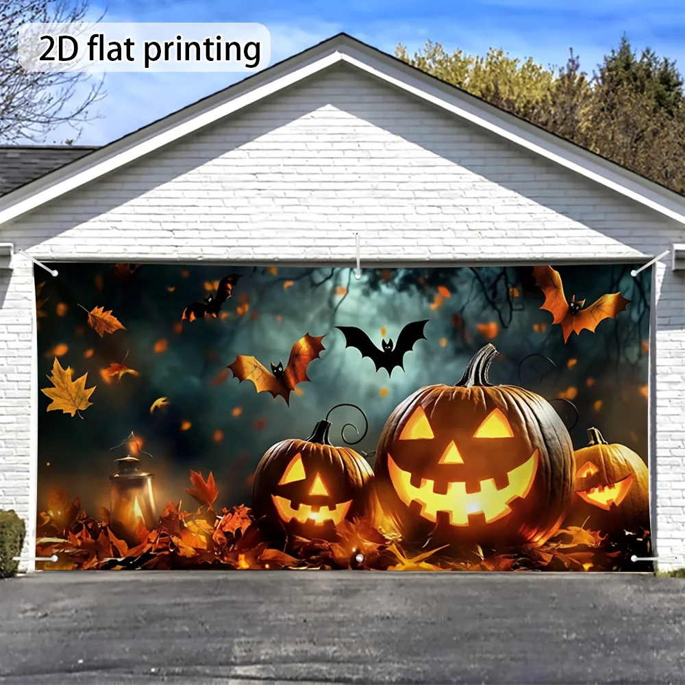 2D-Flugzeug, 2D-Türbanner, 1 große Halloween-Jack-o'-Laterne und Fledermaus-Garagentorabdeckung – 2D-Flugzeug-Außendekoration