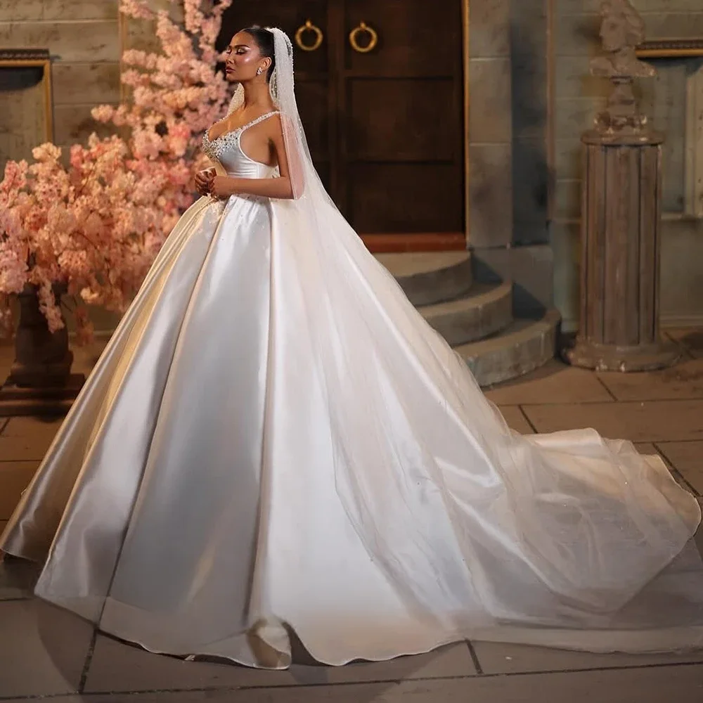 

Customized Luxury White A-line Draped Satin Wedding Dress Sparkly Crystal Sleeveless Backless Floor Length Wedding Bride Gown