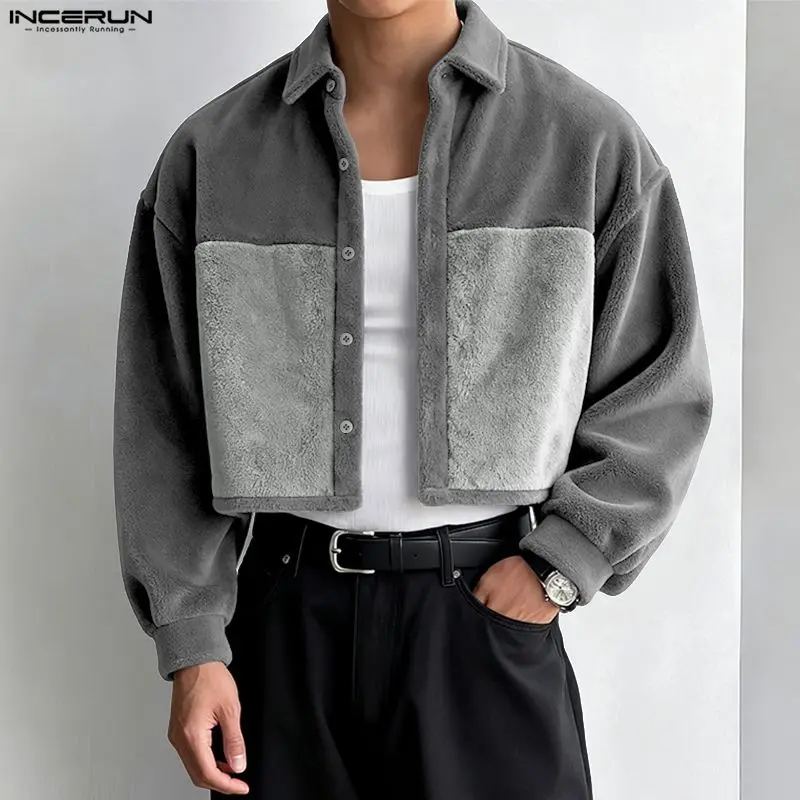 INCERUN Men Shirts Plush Patchwork Fleece Lapel Long Sleeve Casual Men Clothing Streetwear Loose Fashion Leisure Crop Tops S-5XL