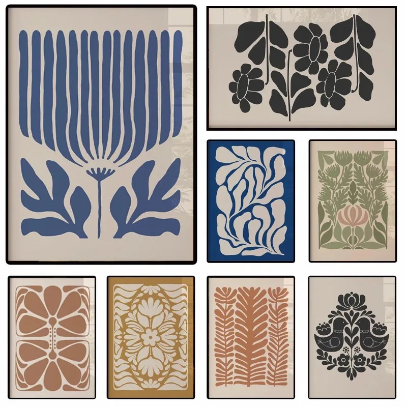 Matisse Style Abstract Leaf Flower Gallery Wall Set Neutral Boho Floral Cutout Canvas Prints Living Room Decor Unframed
