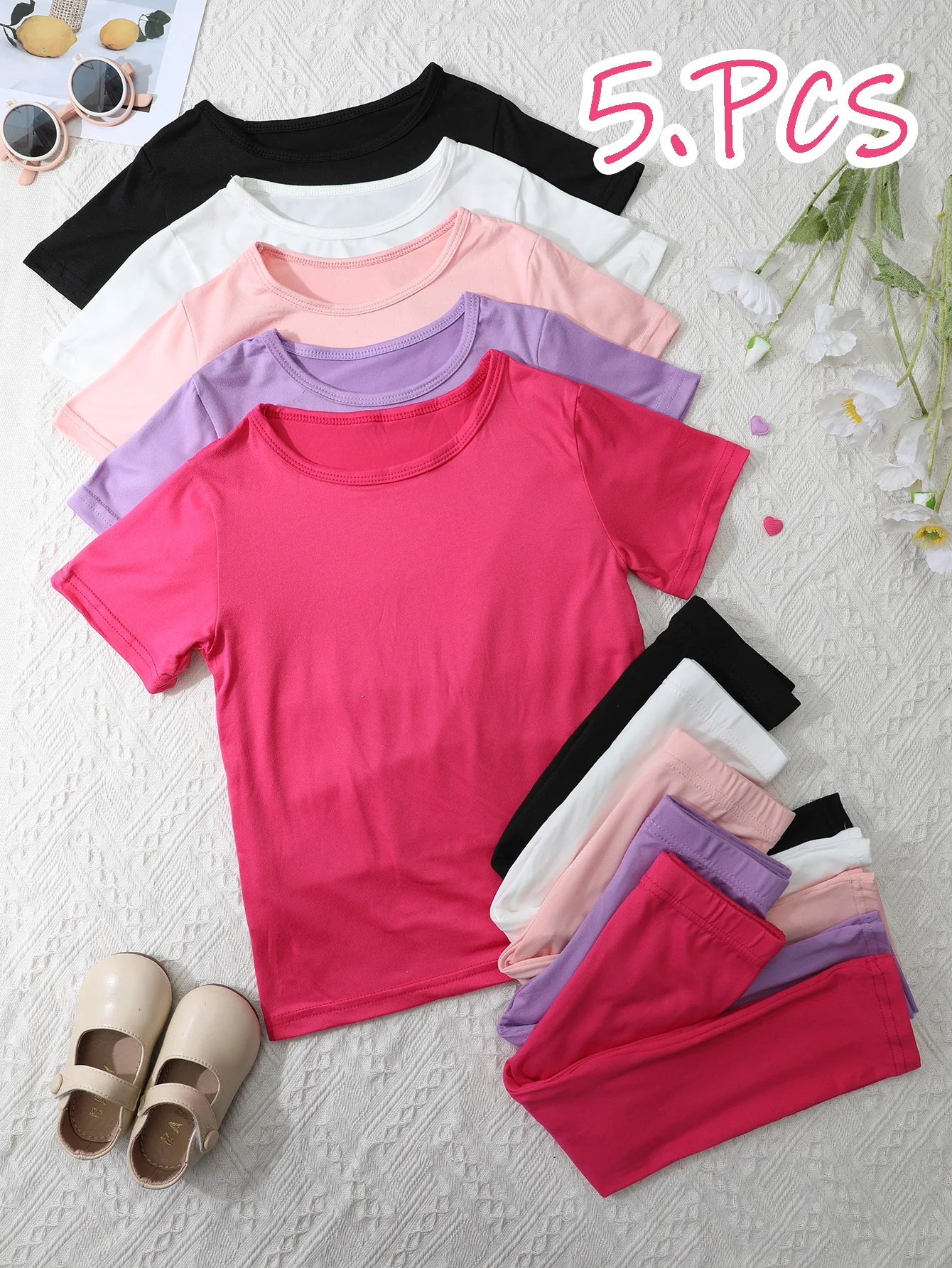 

5 пар детских футболок с короткими рукавами и быстросохнущие леггинсы, модная летняя спортивная одежда для девочек от 2 до 10 лет, повседневная одежда