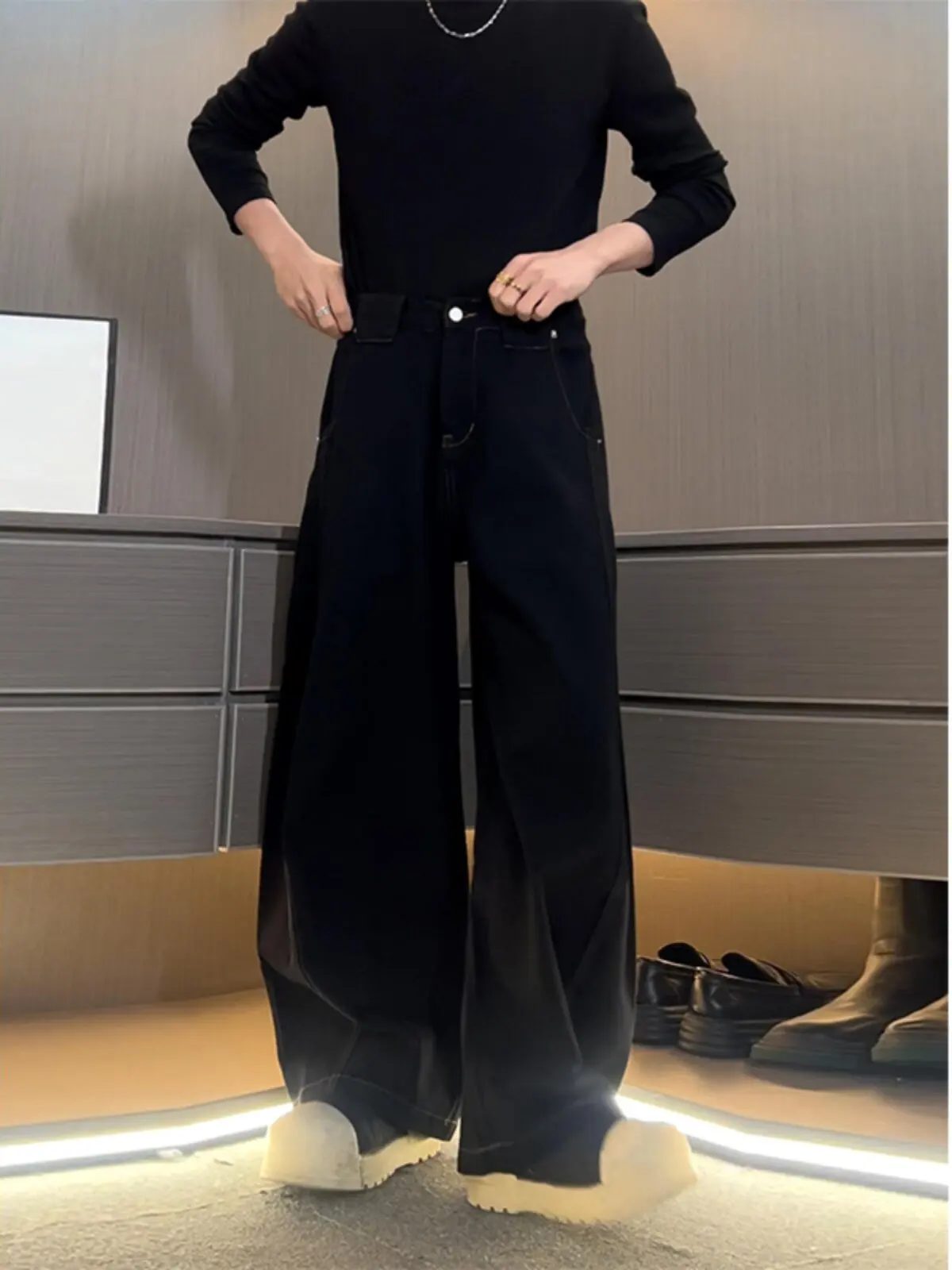 Black Wide Leg Men's Jeans American Cleanfit Deconstructed Loose Straight Knife Pants Micro Flared Casual Youth Denim Jeans