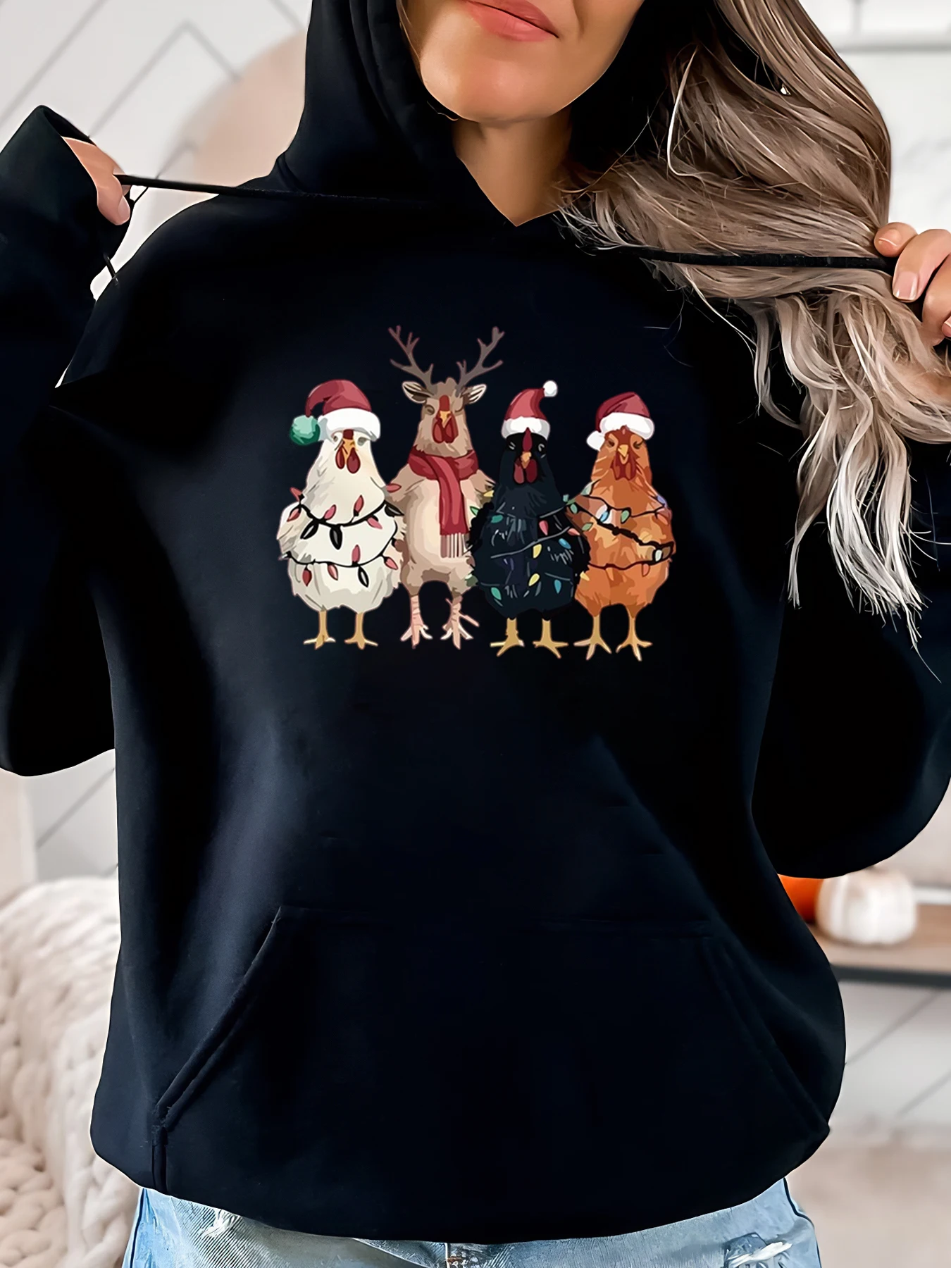 

Рождественская праздничная толстовка с принтом цыплят и оленів, женская повседневная зимняя одежда, черная, больших размеров