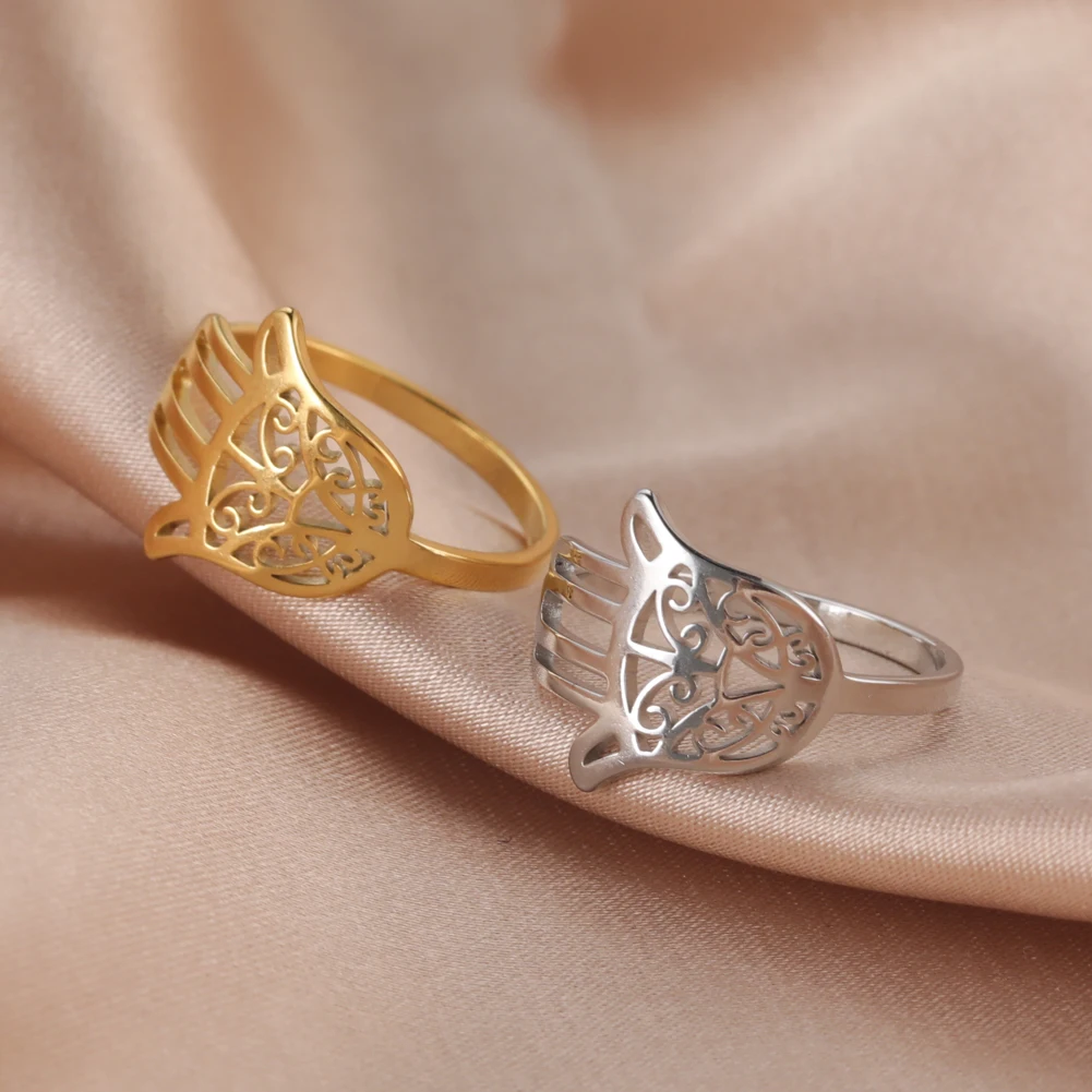Kkjoy Damenringe, silberfarben, Hamsa, Hand der Fatima, Edelstahl, weibliche Persönlichkeit, hohler Schmuck, Accessoires, Mädchen-Geschenk – Detail 6