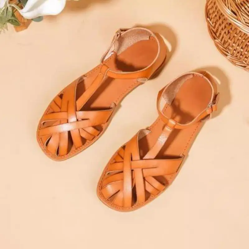 2024 Summer Flats Sandals Shoes Brown Genuine Leather Buckle Strap Gladiator Sandalias Femininas Mujer Flat Single Shoes Woman