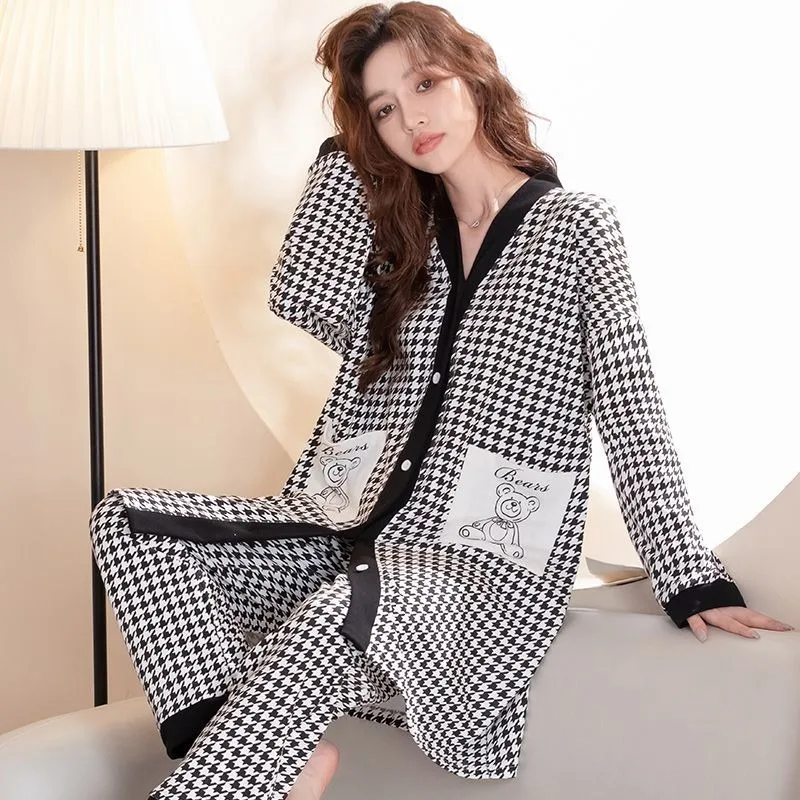 

Sleepwear Women's Cotton Mid-length Spring Cardigan Long Sleeve Loose Plus Size Pajama Set Korean Style Houndstooth Loungewear