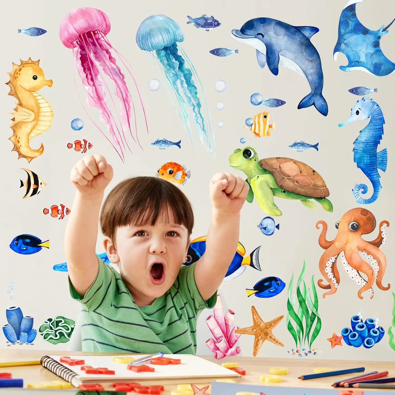 4 Sheets Removable Ocean Life Marine Animal Sticker Creatures Decor for Bedroom Bathroom