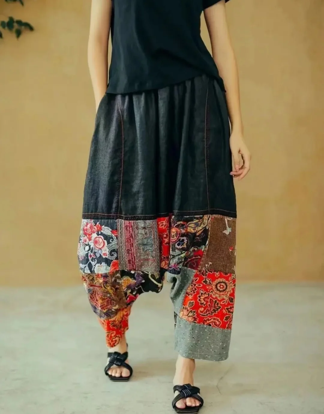 Women's Vintage Cross-pants Fashion Linen Patchwork Hip Hop Ethnic Style Embroidery Spring Floral Casual Pants