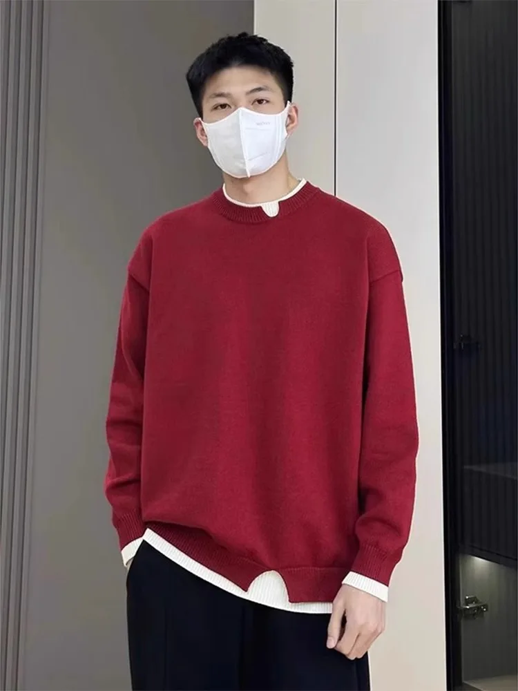 

Модный красный вязаный свитер с длинным рукавом и круглым вырезом для мужчин: трендовый теплый топ для весны и осени, городской стиль, трикотаж