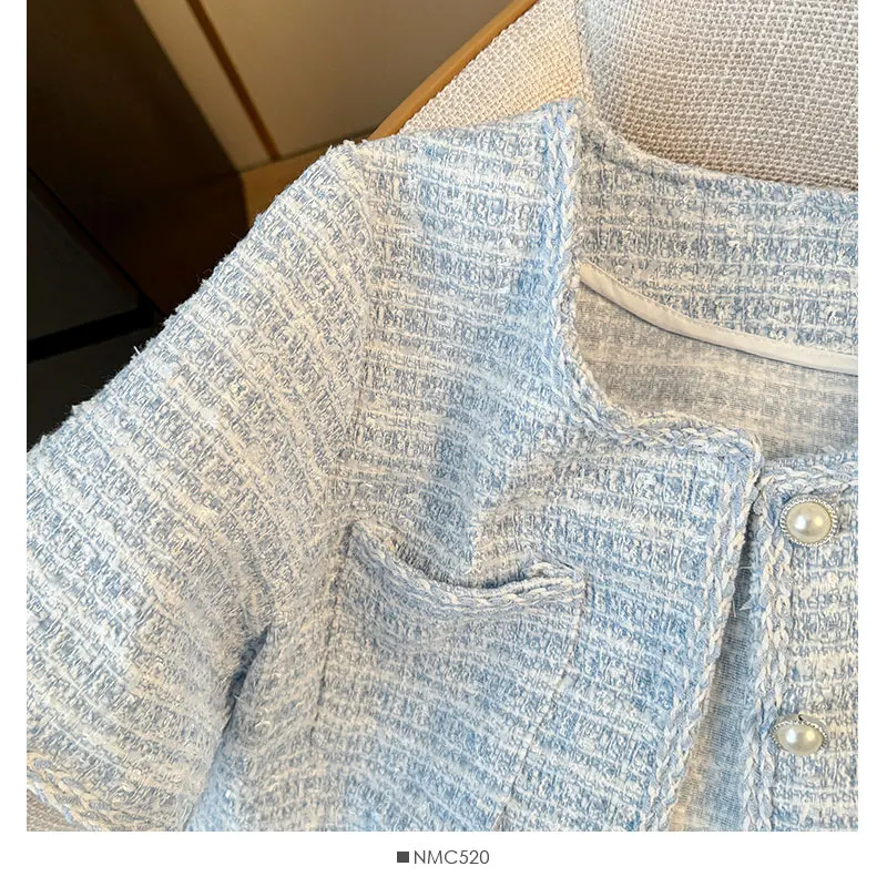 Women Chic Tweed O-Neck Cardigan With Pocket Office Short Coat Single Breasted Jacket Female Short Sleeved Loose Outwear Summer