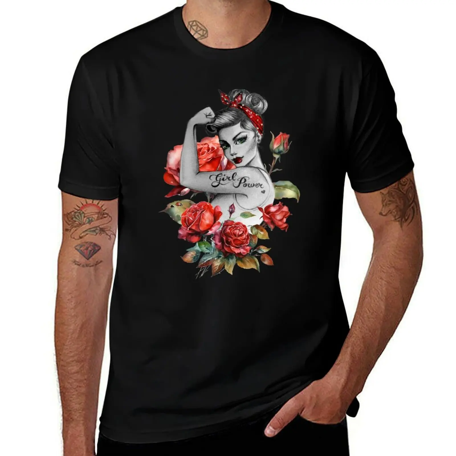 Red Roses and Ladybug Girl Power by Anne Cha Modern Rosie the Riveter T-Shirt Trendy Casual Short Sleeve Shirt