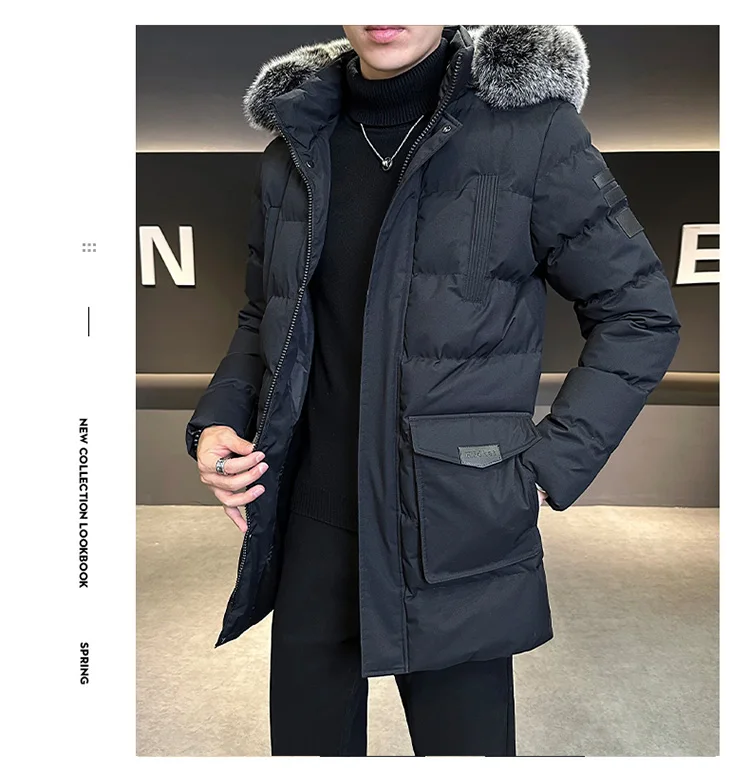 Autumn Winter Main Push Mid Length Solid Color Hooded Cotton Coat For Men Plus Size Korean Style Thick Warm Unisex Youth Trendy