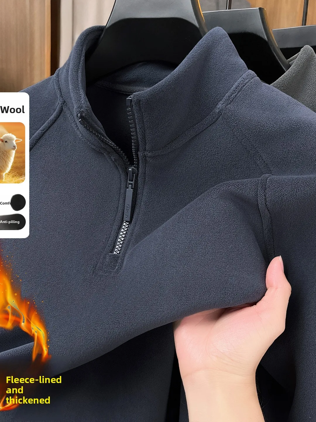 

Мужская осенне-зимняя утепленная шерстяная кофта с длинным рукавом, высоким воротником, двусторонняя, теплая, повседневная