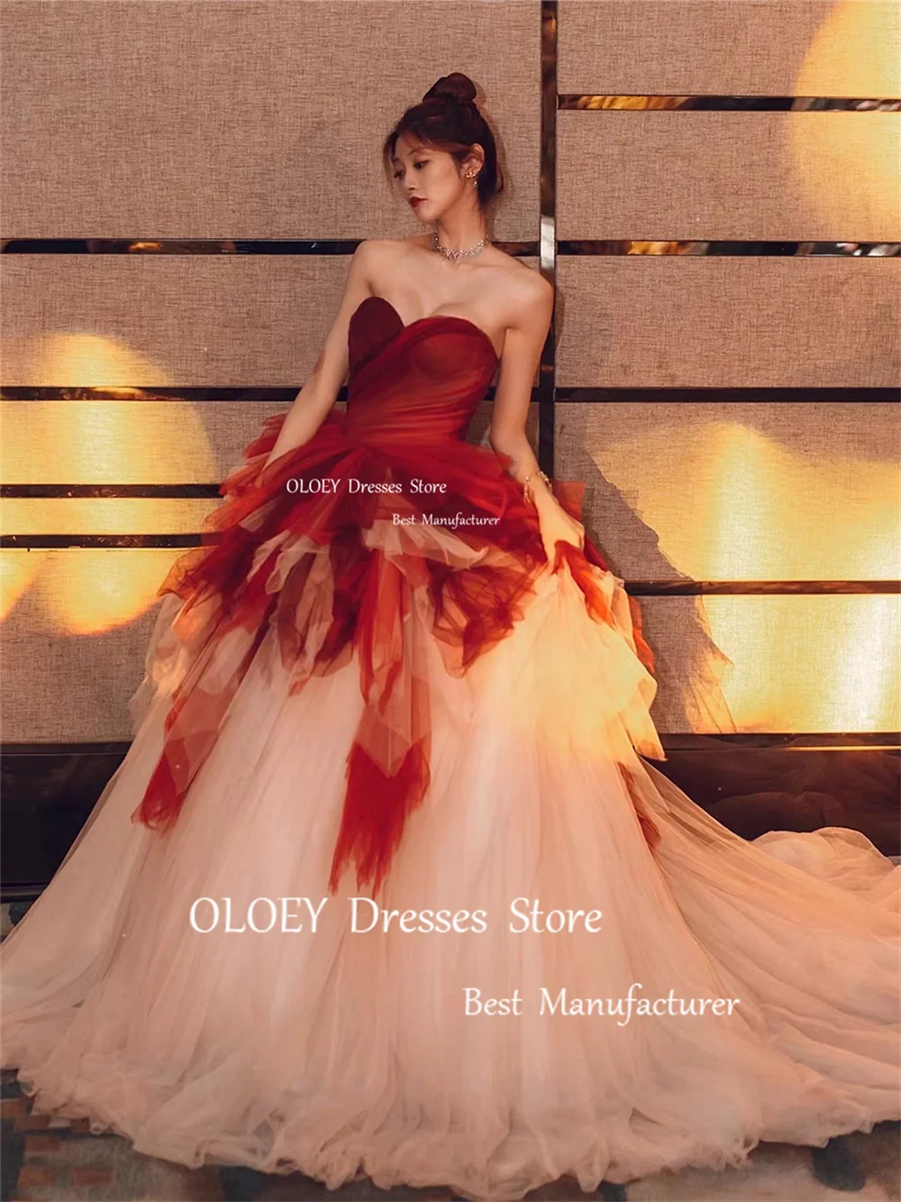 OLOEY Elegant Sweetheart Red Prom Dress Tiered Pleats Tulle Floor Length Performance Gown Corset Korea Photoshoot Custom Made