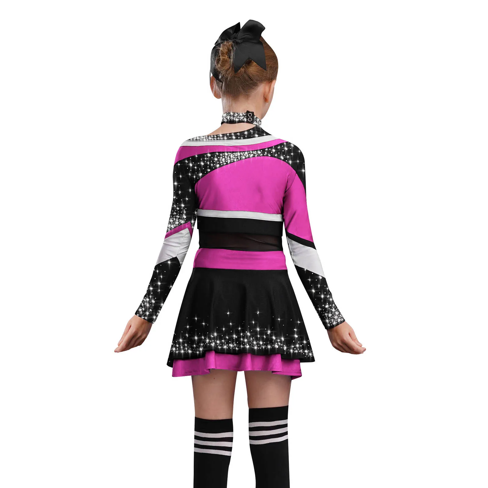 Kinder Mädchen Cheerleading Uniform Outfits Langarm Brief Drucken Strass Hemd Top + Rock + Kopfbedeckung + Gestreifte Socken + Blumenkugeln