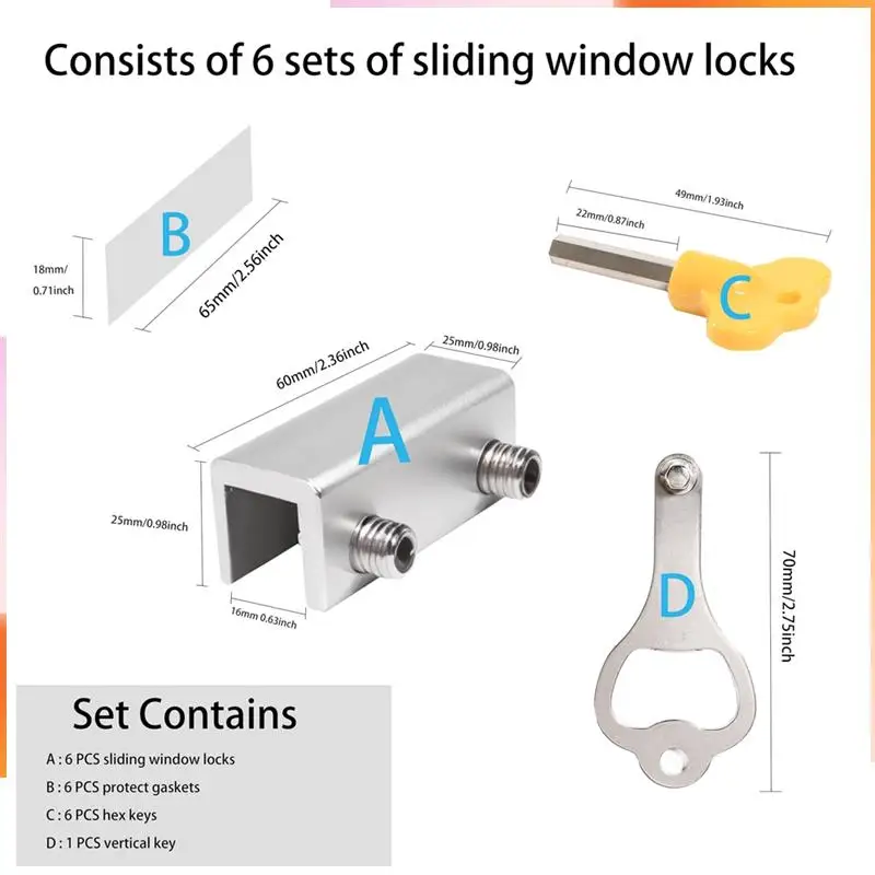 A92Z Window Lock (6 Sets) Safety Window Lock, For Vertical And Horizontal Sliding Window And Sliding Doors, Adjustable Lock