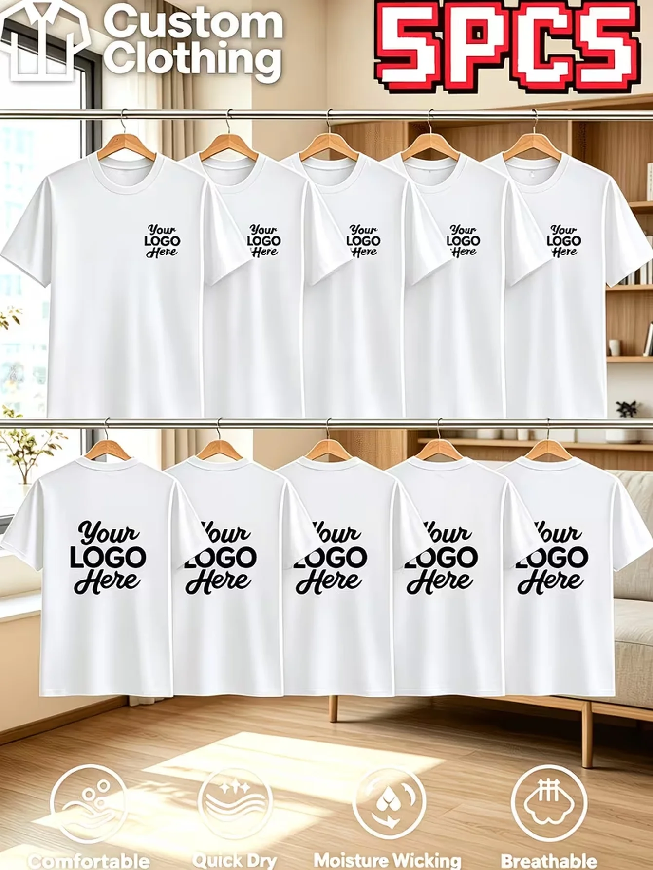 Men's 5-piece customized short sleeves with personalized chest/back patterns, soft, comfortable, breathable