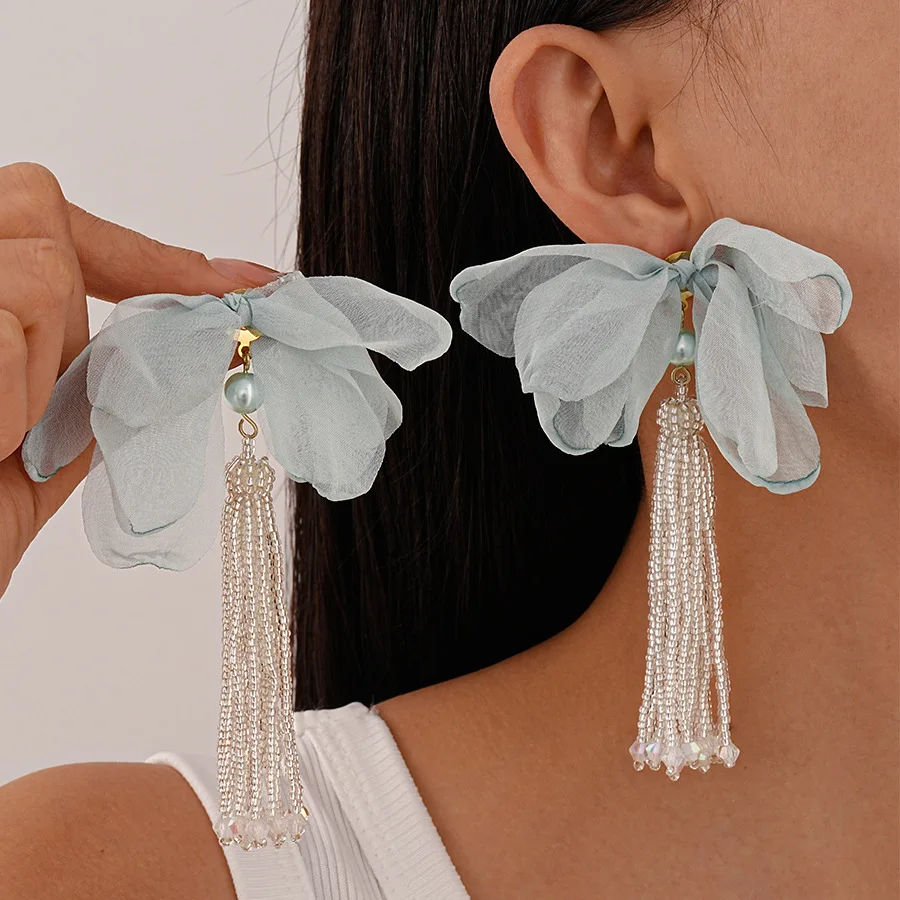 

3140 Bohemian Vacation Style Crochet Lace Flower Glass Bead Tassel Sterling Silver Hoop Earrings Elegant Sweet Chic Women