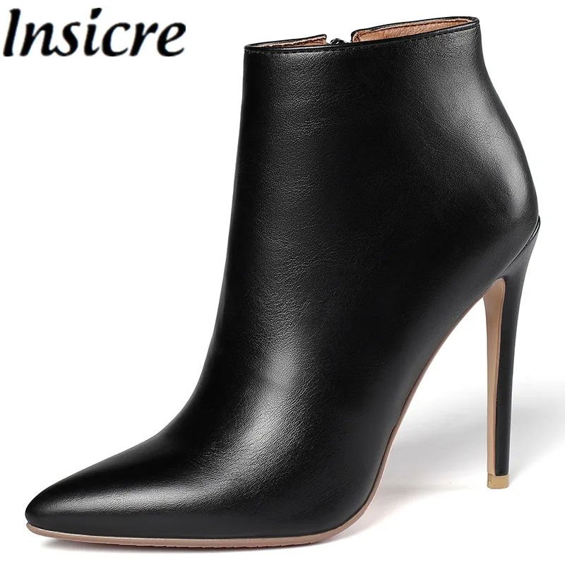 Insicre 2024 Classics Winter Shoes Thin Heels Pointed Toe Women‘s Ankle Boots Pu Leather Big Size 43 Zipper On Sale