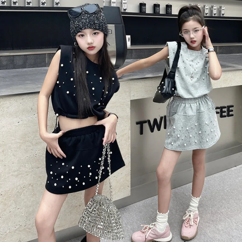 Girls 2025 Spring Summer New Casual Temperament Set Nail Bead Sleeveless Tank Top High Waist Skirt Two Piece Set Girls Clothes
