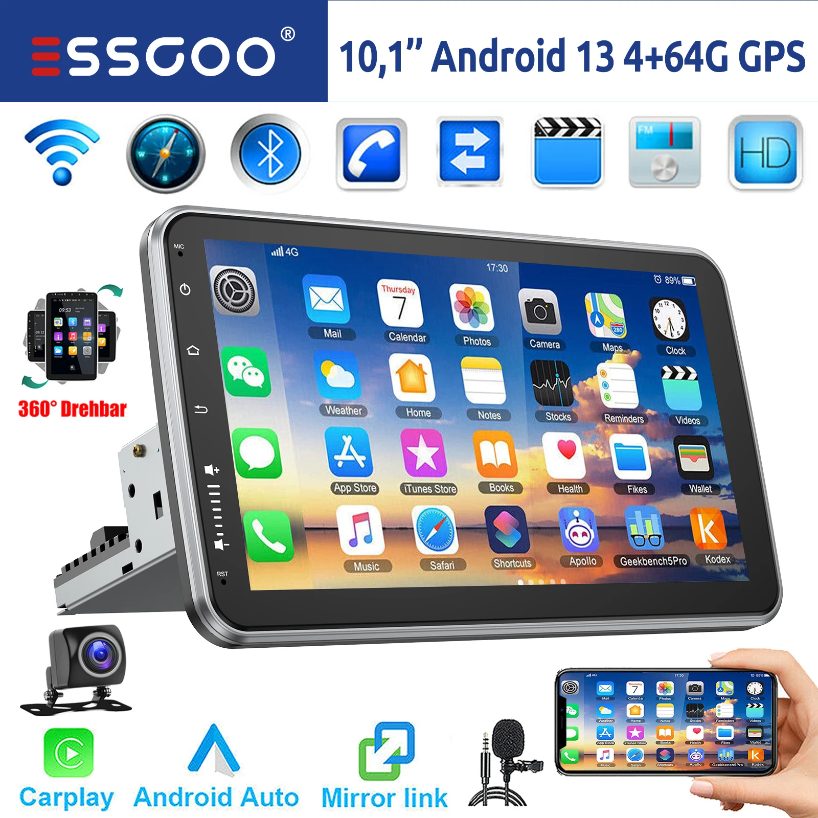 ESSGOO 10 "Android 13 4 + 64G Apple Carplay Android Auto Stereo Radio Enkele 1 DIN GPS Nav Bluetooth FM RDS WIFI USB EQ SWC