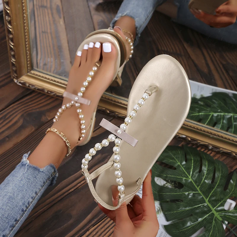 2022 Summer Women Sandals Flat Clip-toe Pearl String Sandals Plus Size Female Shoes 43 Trendy Boho Beach Pink Shoes