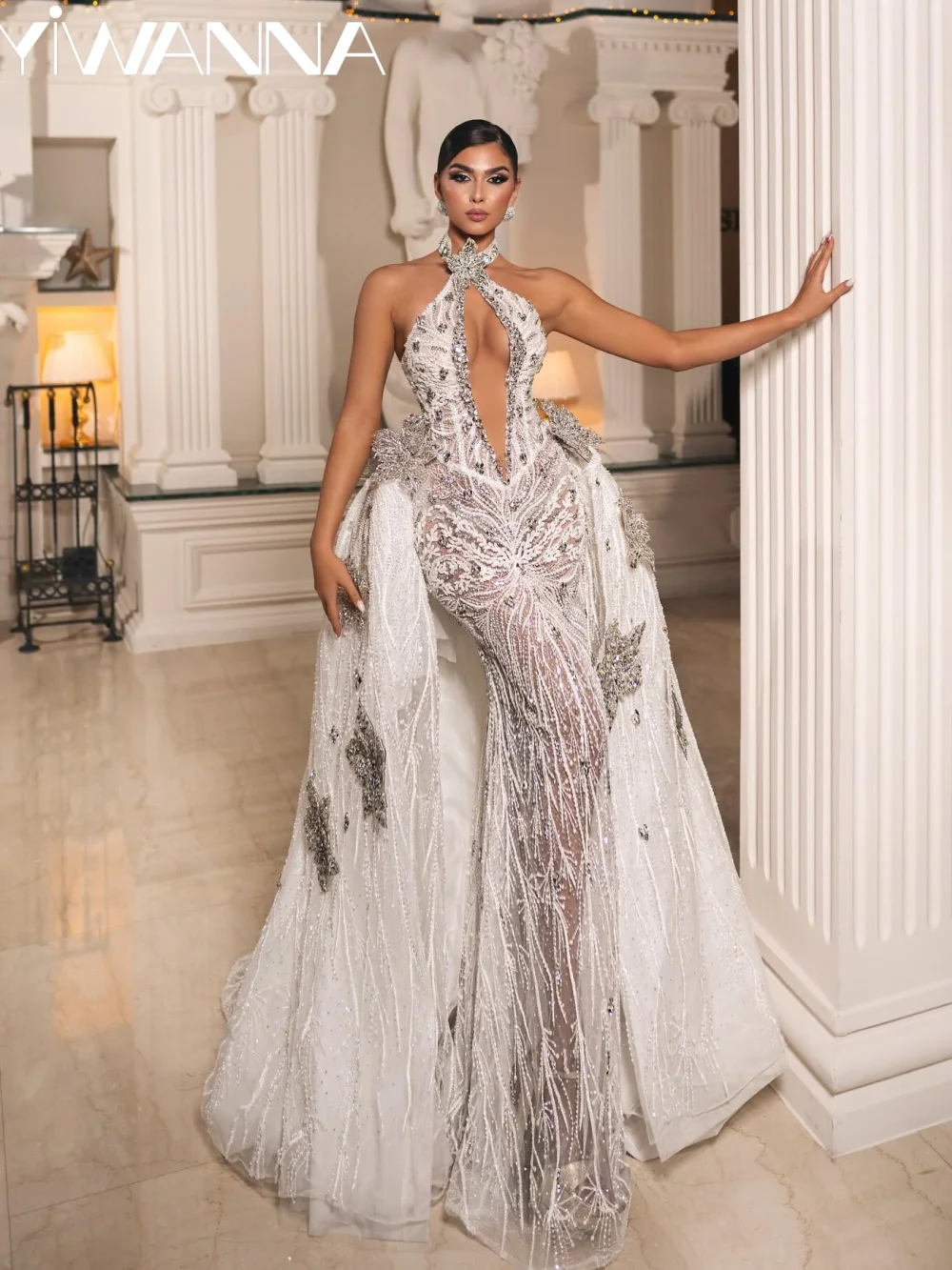 

Embroidery Beaded Crystal Wedding Dress With Overskirt Stunning Halter Long Bridal Gown 2026 Customized Luxury Dresses For Bride