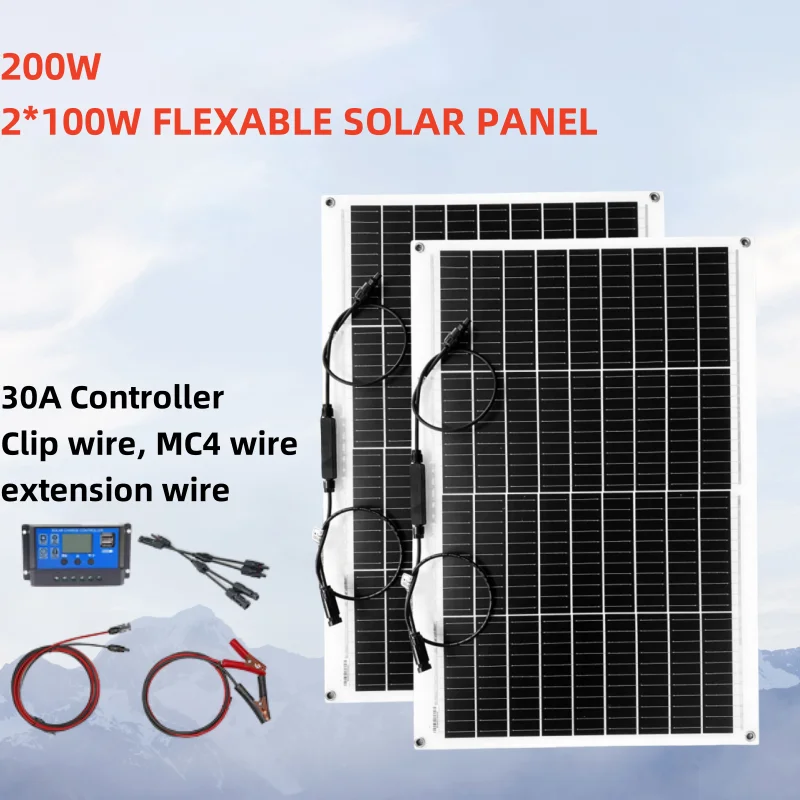 100W 200W Flexible Solar Panel 18V  30A Charge Controller Cables With Alligator Clip PV Connector Cables For Yacht,Boat,RV,Cabin