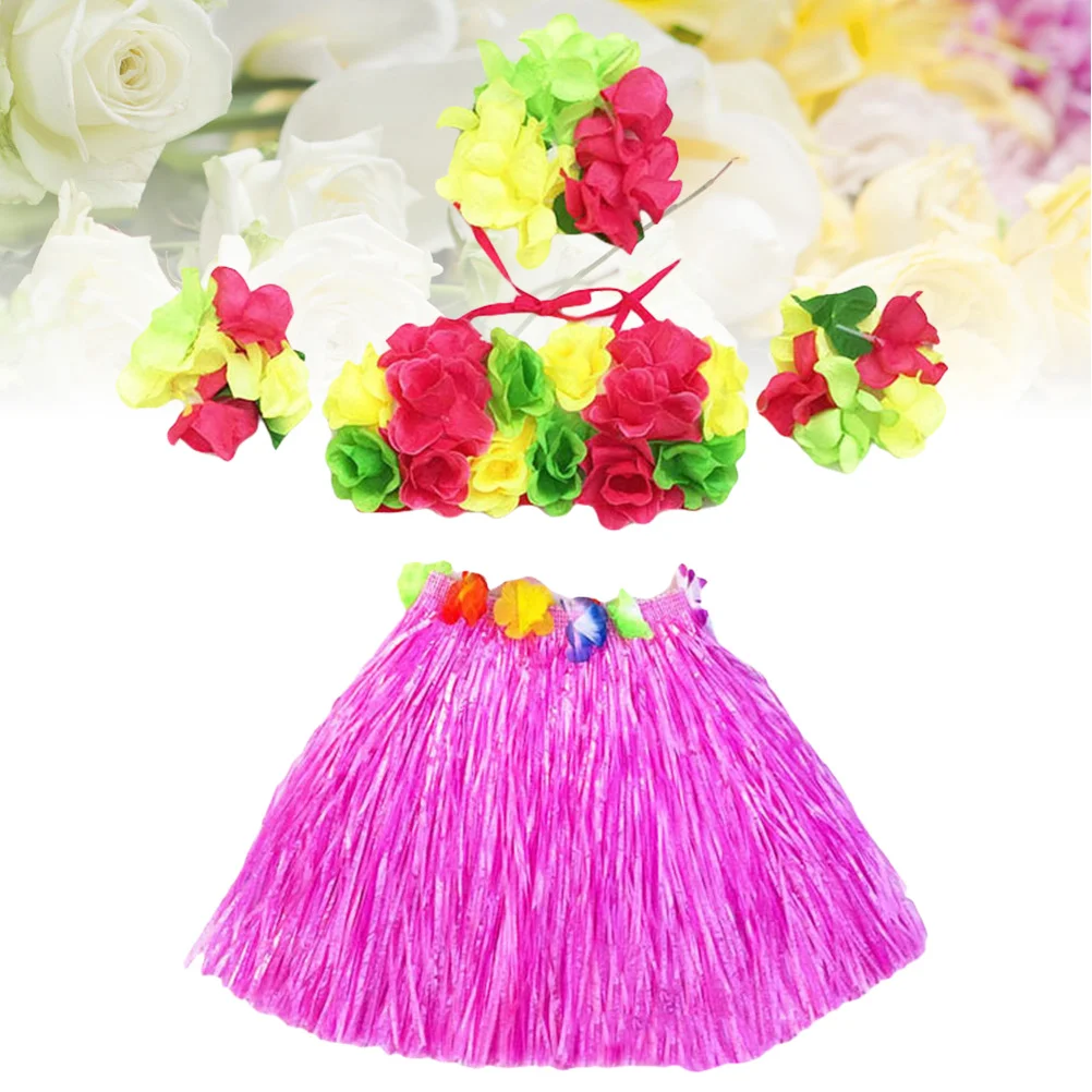 

5Pcs Hawaii Tropical Hula Grass Skirt Set Colorful Flower Bracelets Headband Bra Adjustable Hook Loop Waistband for Events