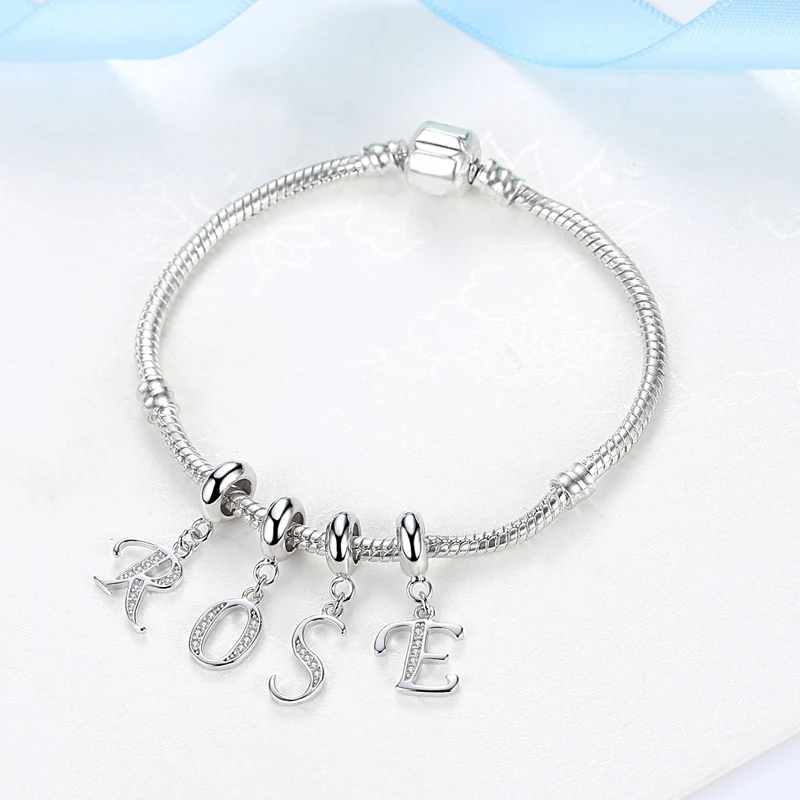 Original Silver Plated Charms Alphabet A-Z Letter Pendant Beads Pave CZ Fit Pan Bracelets Necklaces Women DIY Jewelry