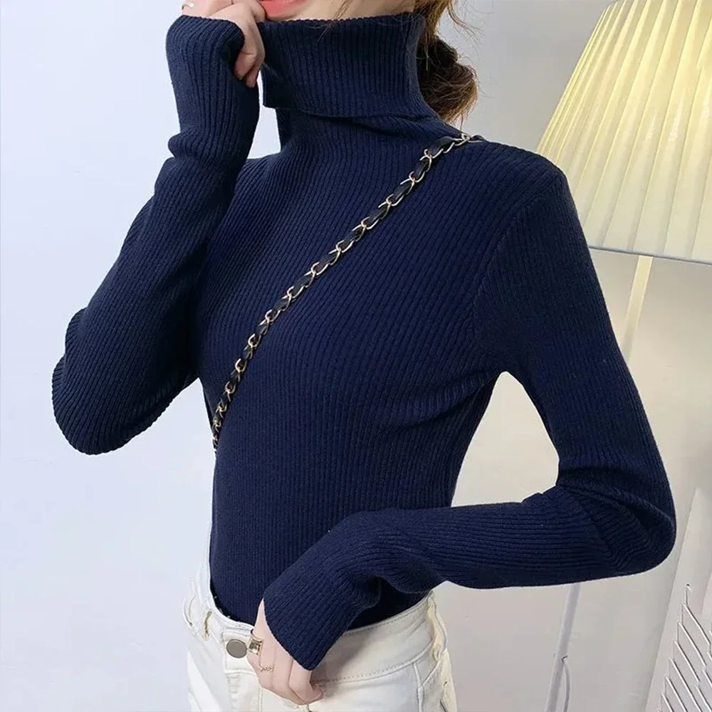 Neuer Roll kragen pullover Damen pullover Vintage Strick pullover mit weicher Textur elastische Rippen koreanische Mode Langarm pullover
