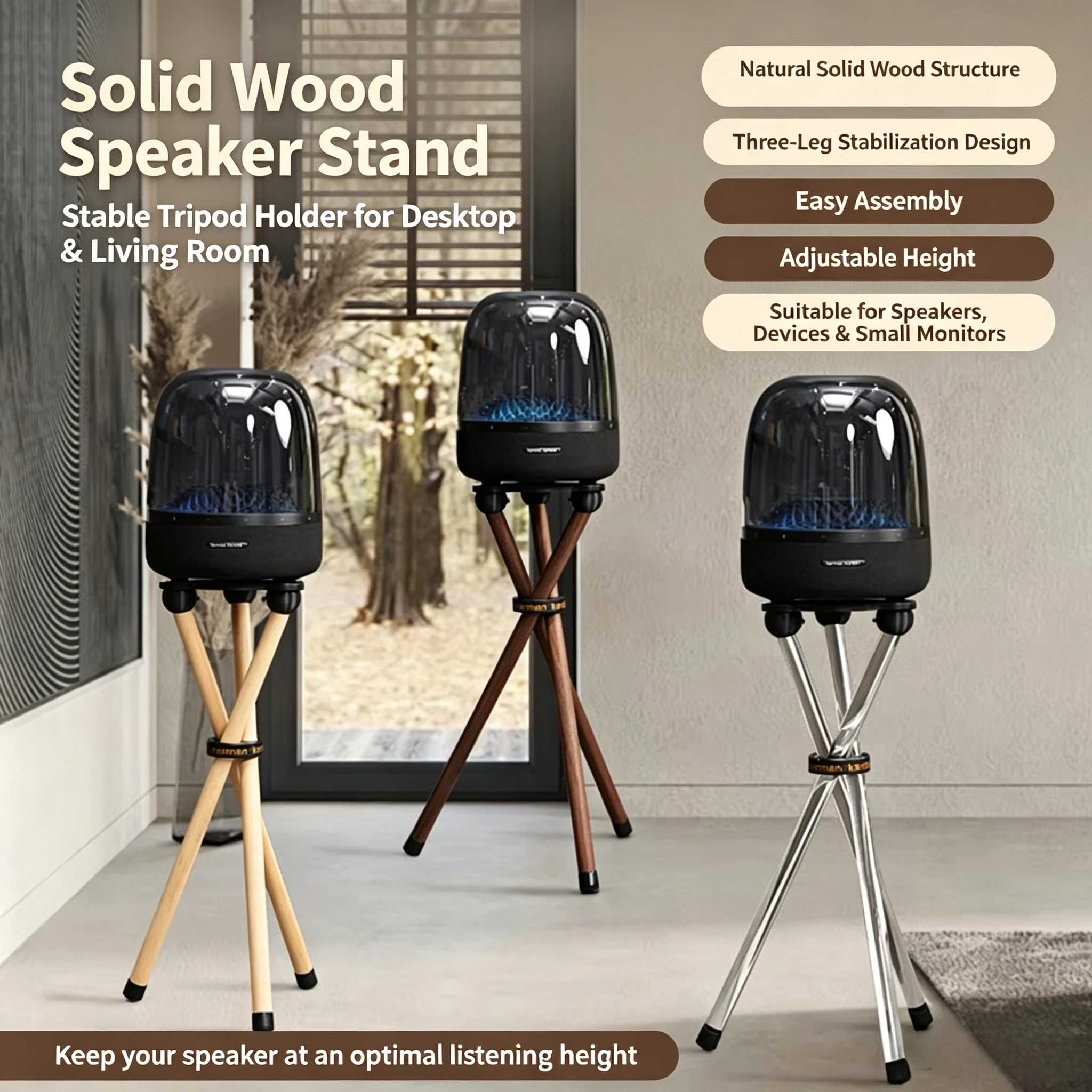 Solid Wood Speaker Stand, Anti-Rust Tripod Floor Holder for Home Audio, Multi-Size Sturdy Bookshelf Support Bracket