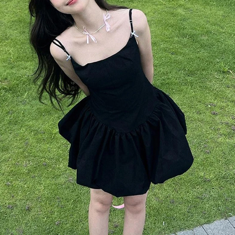 

Black Solid Color Spaghetti Strap Pleated Summer Party Club A-line Dress