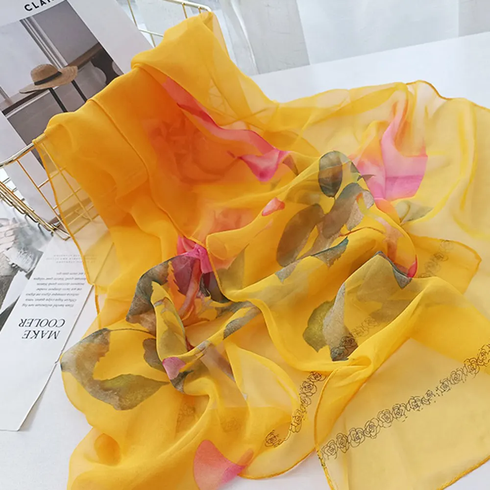 Georgette-bufanda de gasa con estampado de flores rosas para mujer, chal largo y fino, suave, para playa
