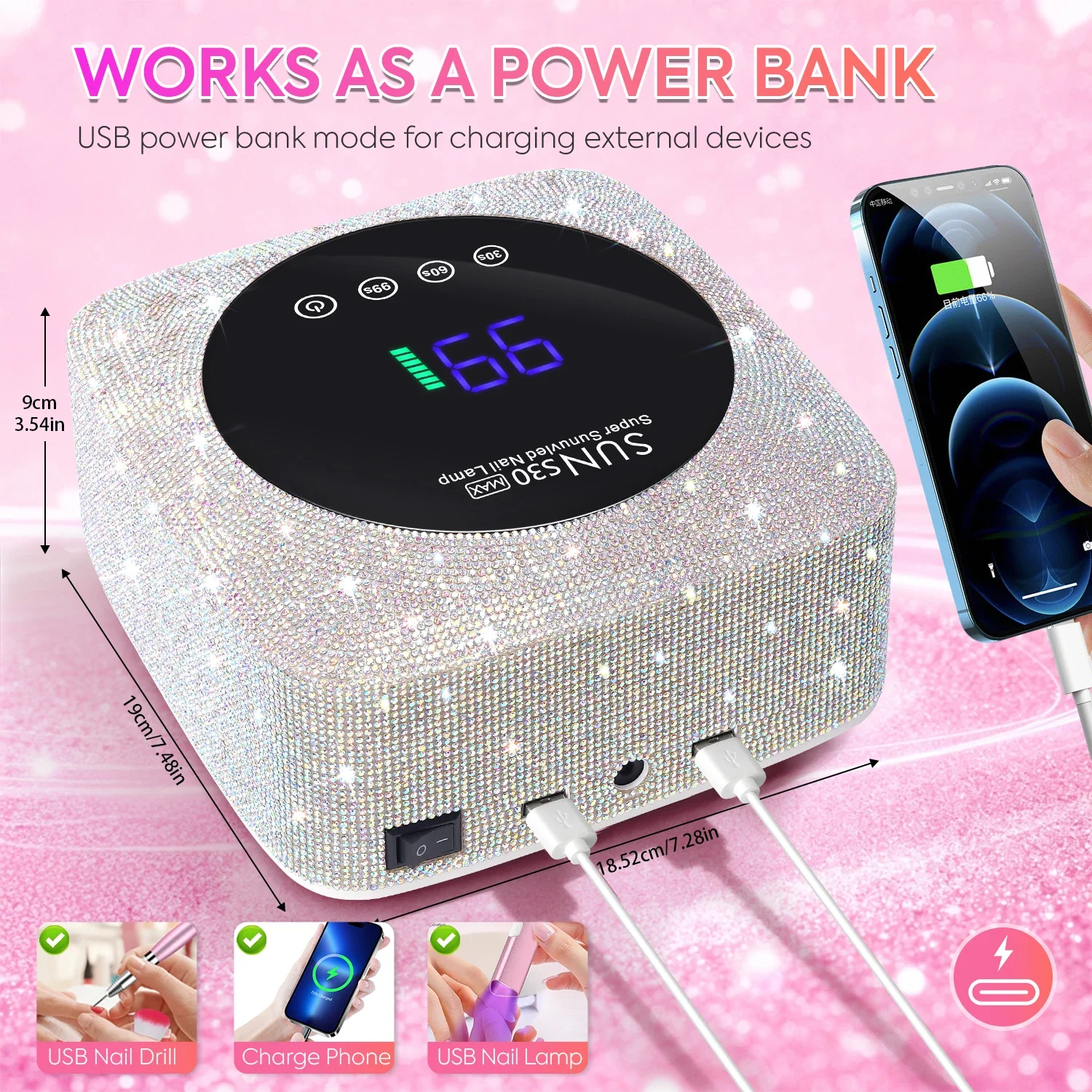 DianaBeauty UV LED Nail Lamp Rechargeable Cordless Nail Dryer with Rhinestone and 3 Timer Settings UV Light for Manicure Tools