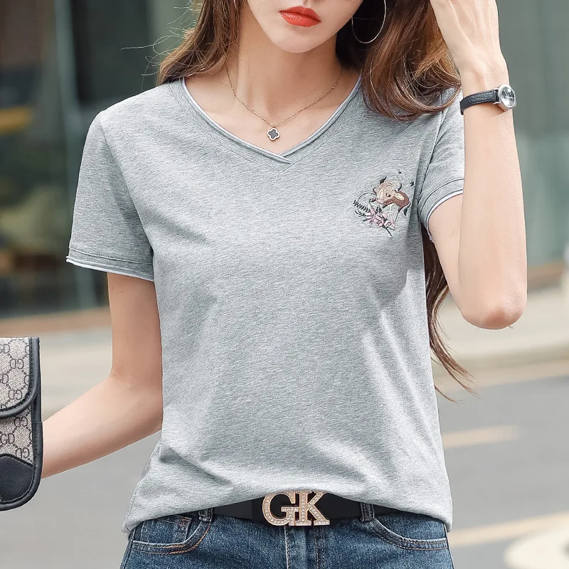 #0283 Gary Pink Green Short Sleeve T Shirt Women Embroidery Slim Womens Tee Shirts V-neck Cotton 95% Vintage Basic Tshirt Summer